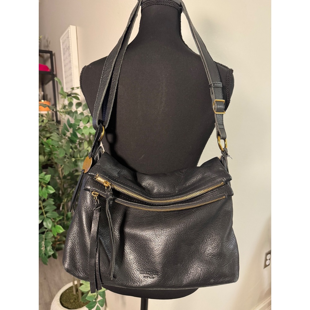 Margot New York Black Pebbled Leather Foldover Crossbody Bag Gold Hardware